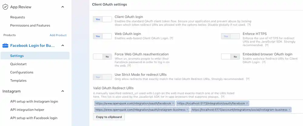 Set redirect URLs in Meta Developer App