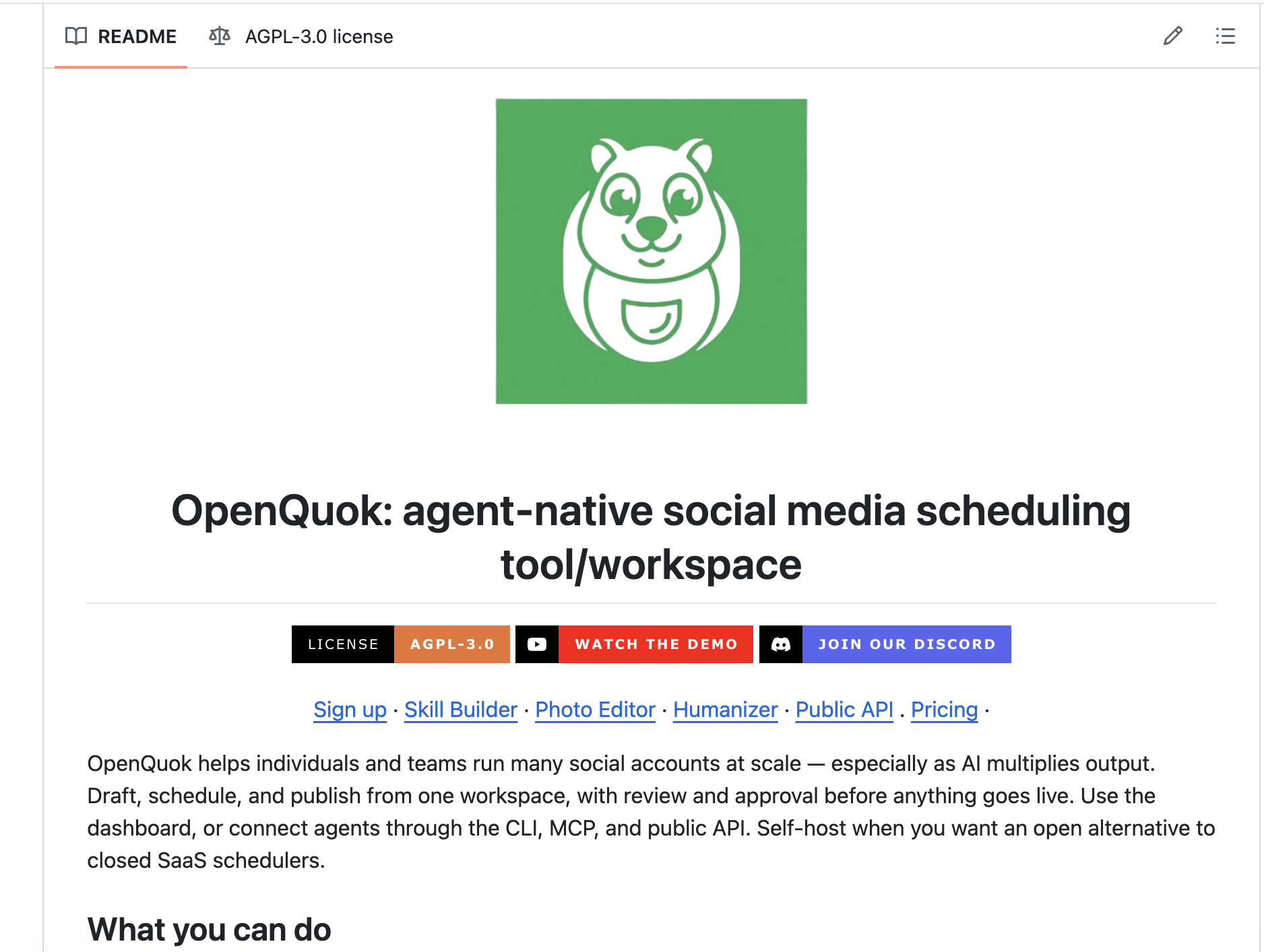 OpenQuok monorepo README on GitHub with logo, AGPL-3.0 badge, and product description