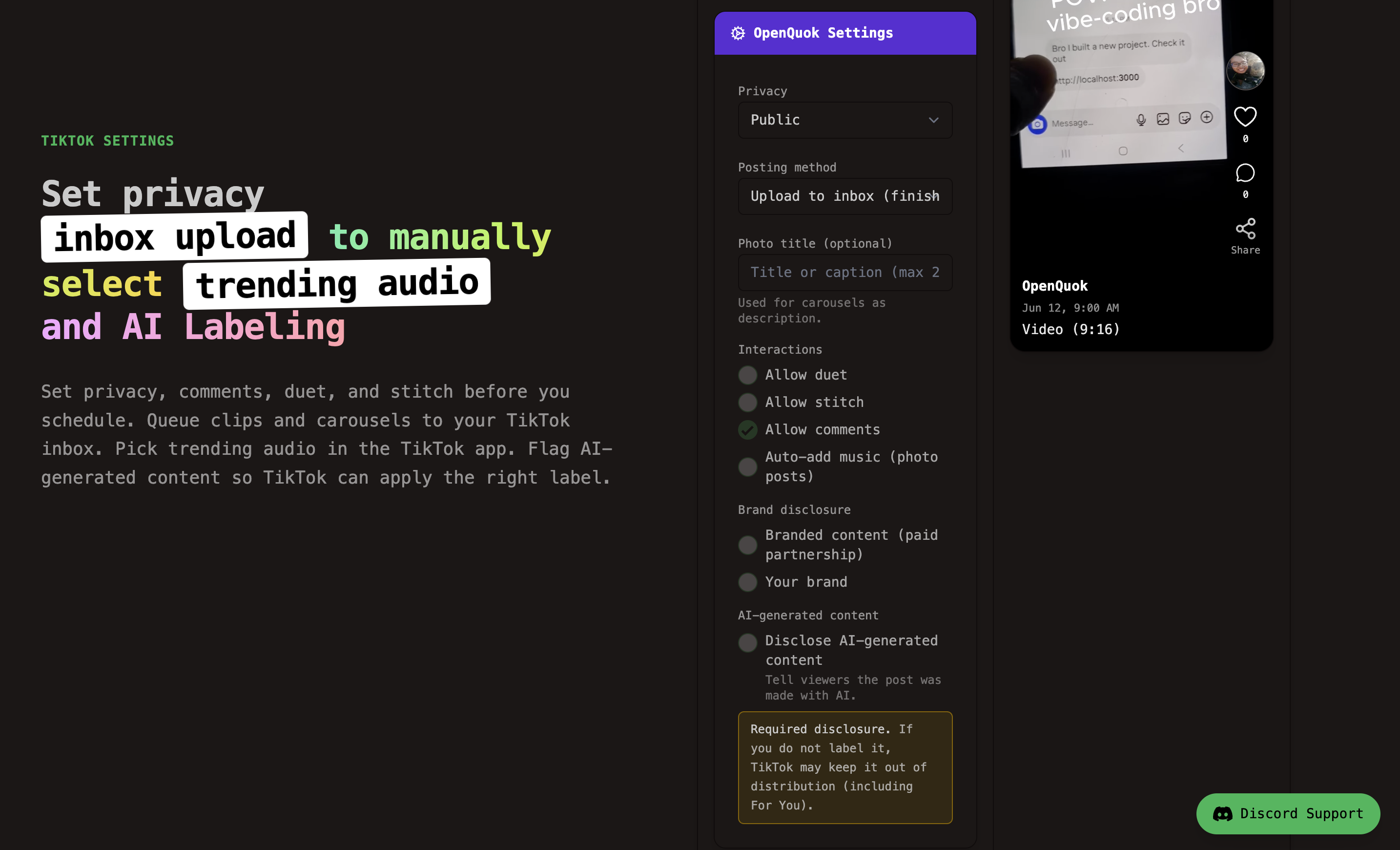 Configure as AI generated content in OpenQuok 's Tiktok settings