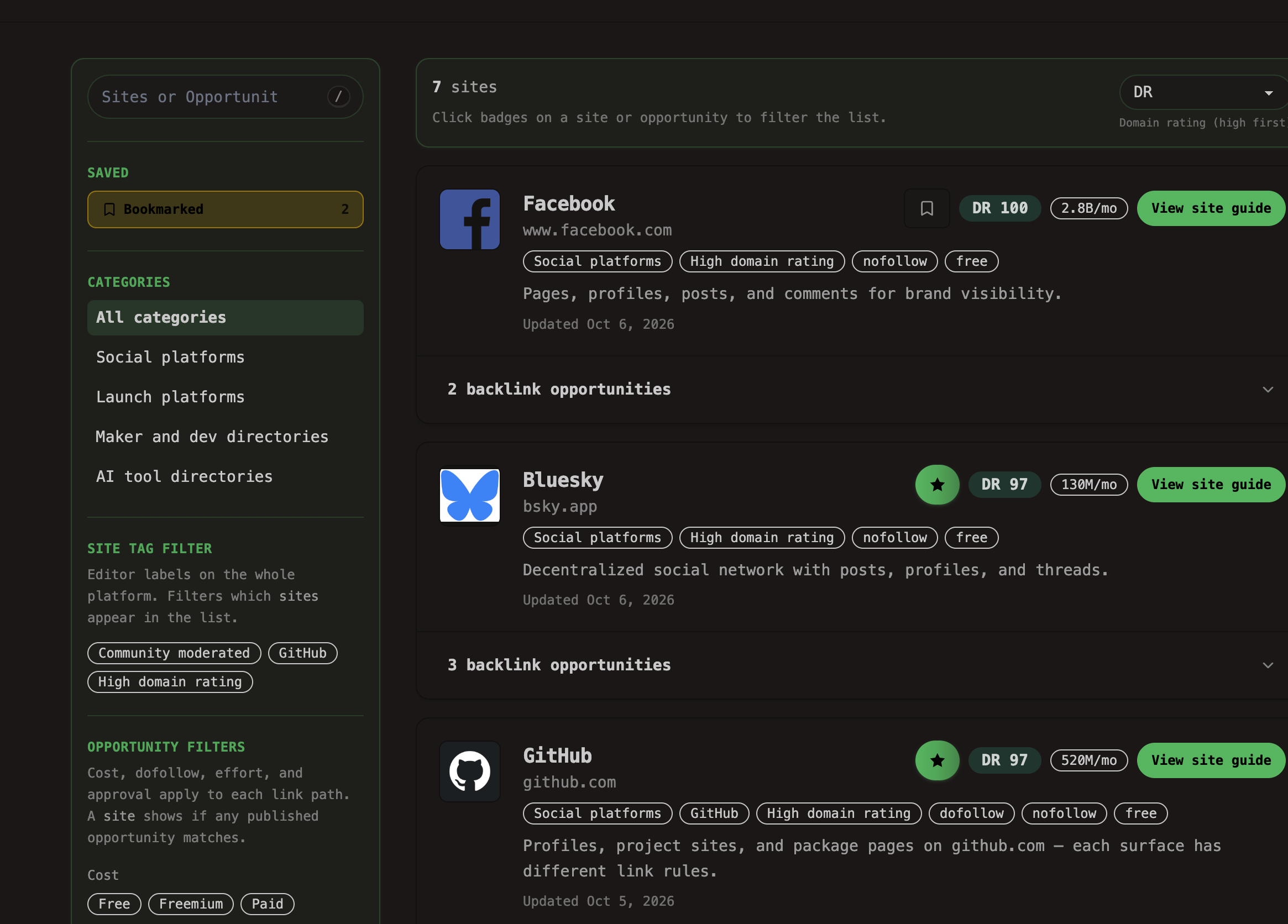 OpenQuok Backlink Hub Filters