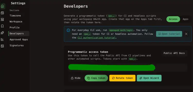 Create token from OpenQuok Workspace